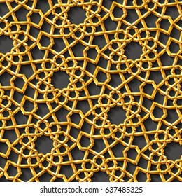 Arabic traditional islamic pattern, perfect for invitation or brochure in eastern style.Arabic stars golden tracery. Gold shiny ornament with 3D effect and volume.