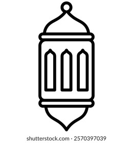 Arabic traditional lantern with an arched window-like patterns and a pointed dome, outline icon illustration. Ideal for use in Ramadan, Eid, Islamic, or cultural designs and themes.