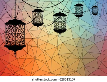 Arabic traditional lantern and garland on colorful background with triangles . Card, invitation for muslim month Ramadan Kareem. Festive vector illustration.