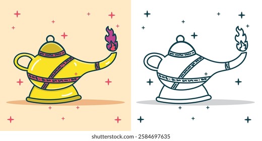 an Arabic traditional magic lamp for a design element or coloring book element