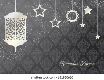 Arabic traditional pearl lantern and stars. Card, invitation for muslim month Ramadan Kareem. Festive vector illustration, background.