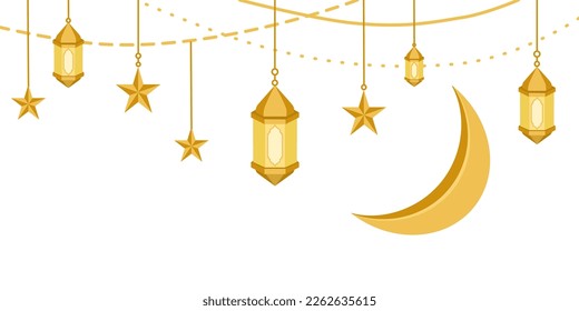 Arabic traditional Ramadan eastern lanterns garland. Muslim ornamental hanging golden lanterns, stars and moon vector illustration