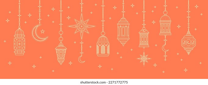 Arabische Traditionelle Ramadan Kareem Eastern Lanterns Garland Thin Line Set. Vektorgrafik der Islamischen Feiertagselemente