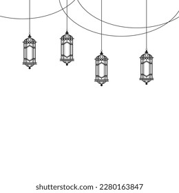 Arabic traditional Ramadan Kareem eastern lanterns garland. Muslim ornamental hanging lanterns, stars and moon vector illustration. Islamic oriental garland. Muslim holiday lantern traditional