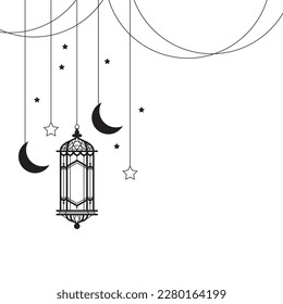 Arabic traditional Ramadan Kareem eastern lanterns garland. Muslim ornamental hanging lanterns, stars and moon vector illustration. Islamic oriental garland. Muslim holiday lantern traditional