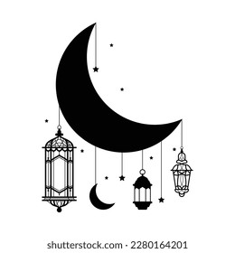 Árabe tradicional Ramadan Kareem Linternas orientales de la guirnalda. Linternas colgantes ornamentales musulmanas, estrellas e ilustración portadora de luna. Marisma oriental islámica. Tradición de la isla de las festividades musulmanas