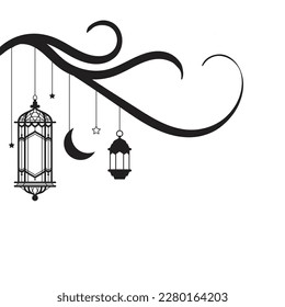 Arabic traditional Ramadan Kareem eastern lanterns garland. Muslim ornamental hanging lanterns, stars and moon vector illustration. Islamic oriental garland. Muslim holiday lantern traditional