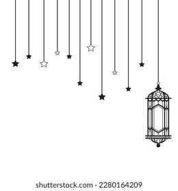 Arabic traditional Ramadan Kareem eastern lanterns garland. Muslim ornamental hanging lanterns, stars and moon vector illustration. Islamic oriental garland. Muslim holiday lantern traditional