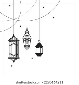 Arabic traditional Ramadan Kareem eastern lanterns garland. Muslim ornamental hanging lanterns, stars and moon vector illustration. Islamic oriental garland. Muslim holiday lantern traditional