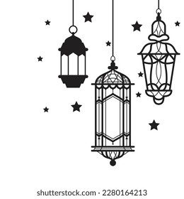 Arabic traditional Ramadan Kareem eastern lanterns garland. Muslim ornamental hanging lanterns, stars and moon vector illustration. Islamic oriental garland. Muslim holiday lantern traditional