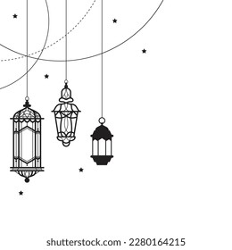 Arabic traditional Ramadan Kareem eastern lanterns garland. Muslim ornamental hanging lanterns, stars and moon vector illustration. Islamic oriental garland. Muslim holiday lantern traditional