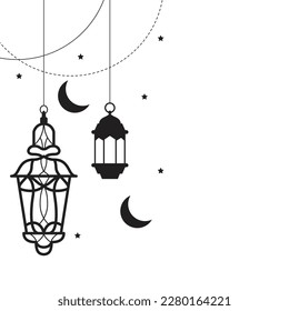 Arabic traditional Ramadan Kareem eastern lanterns garland. Muslim ornamental hanging lanterns, stars and moon vector illustration. Islamic oriental garland. Muslim holiday lantern traditional