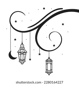 Arabic traditional Ramadan Kareem eastern lanterns garland. Muslim ornamental hanging lanterns, stars and moon vector illustration. Islamic oriental garland. Muslim holiday lantern traditional