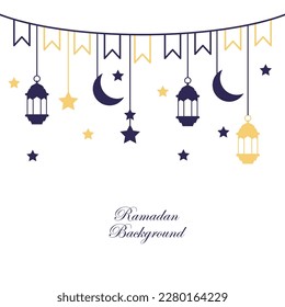 Arabic traditional Ramadan Kareem eastern lanterns garland. Muslim ornamental hanging lanterns, stars and moon vector illustration. Islamic oriental garland. Muslim holiday lantern traditional