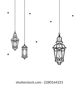 Arabic traditional Ramadan Kareem eastern lanterns garland. Muslim ornamental hanging lanterns, stars and moon vector illustration. Islamic oriental garland. Muslim holiday lantern traditional