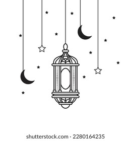 Arabic traditional Ramadan Kareem eastern lanterns garland. Muslim ornamental hanging lanterns, stars and moon vector illustration. Islamic oriental garland. Muslim holiday lantern traditional