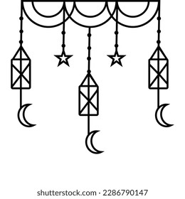Arabic traditional Ramadan Kareem eastern lanterns garland. Muslim ornamental hanging golden lanterns, stars and moon vector illustration. Islamic oriental garland. Muslim holiday lantern traditional
