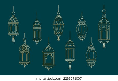 Tradición árabe Ramadan Kareem linternas orientales. Arte islámico. Linterna festiva musulmana. Símbolos de Ramadan Mubarak, lámparas árabes, vectores de arte e ilustración