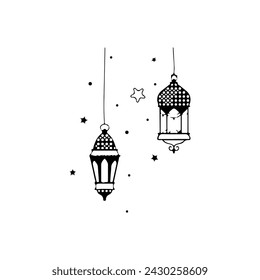 Faroles orientales tradicionales árabes de Ramadán Kareem. Linternas colgantes ornamentales musulmanas, ilustración vectorial