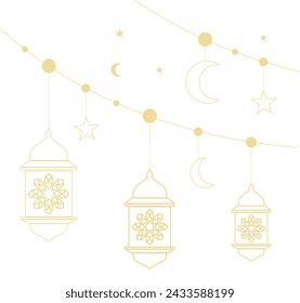 Arabic traditional Ramadan Kareem eastern lanterns garland. Muslim ornamental hanging golden lanterns, stars and moon vector illustration. Islamic Decoration Ornament for Ramadan and Eid Mubarak
