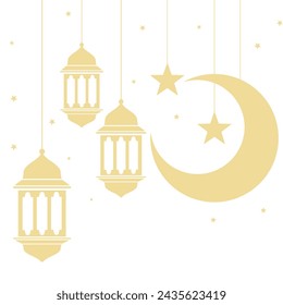 Guirnalda tradicional árabe de farolillos orientales de Ramadán Kareem. Musulmán ornamental colgante linternas de oro, estrellas e ilustración vectorial de la luna. Guirnalda oriental islámica. Linterna de fiesta musulmana tradicional