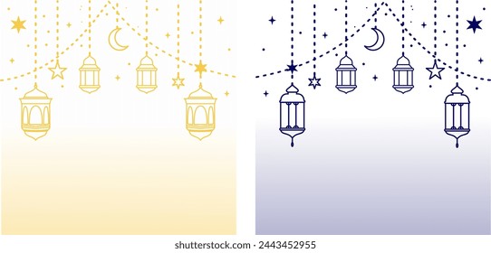 Guirnalda tradicional árabe de farolillos orientales de Ramadán Kareem. Musulmán ornamental colgante linternas de oro, estrellas e ilustración vectorial de la luna. Guirnalda oriental islámica.
