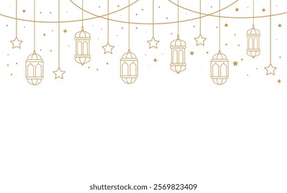 Arabic traditional Ramadan Kareem eastern lanterns garland. Muslim ornamental hanging golden lanterns, stars and moon vector illustration. Islamic oriental garland. Muslim holiday lantern traditional