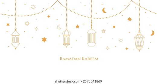 Arabic traditional Ramadan Kareem eastern golden lanterns garland. Islamic Muslim ornamental hanging lanterns with crescent moon, stars and Ramadan Kareem lettering. vector illustration.