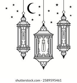 Arabic traditional Ramadan Kareem, eastern lanterns garland. Muslim ornamental hanging lanterns, outlines illustration design