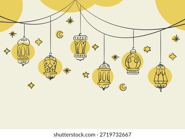 Guirnalda tradicional árabe de los faroles orientales de Ramadán Kareem. Conjunto de linternas doradas colgantes ornamentales musulmanes, estrellas y Ilustración vectorial lunar. Estilo oriental islámico