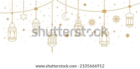 Arabic traditional Ramadan Kareem eastern lanterns garland. Muslim ornamental hanging golden lanterns, stars and moon vector illustration. Islamic oriental garland. Muslim holiday lantern traditional