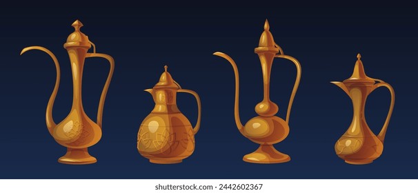 Arabic traditional teapot of different shapes. Cartoon vector illustration set of Arabian heritage pitcher with conventional pattern. Ancient oriental copper or golden kitchen kettle with ornament.