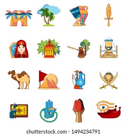 Arabic travel icons set. Cartoon set of 16 arabic travel vector icons for web isolated on white background