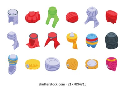 Arabic turban icons set isometric vector. Arab hat. Oriental accessories