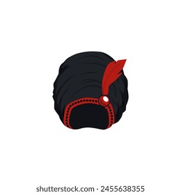 turbante árabe, sombrero tradicional indio, tocado de cultura oriental decorado con gemas y plumas. Pañuelo de cabeza negra étnico accesorio festivo turbante. Antiguas Ilustración vectorial de sombrero de moda musulmana oriental