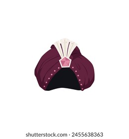 Arabic turban, Indian traditional hat, oriental culture headdress decorated by gem and feather. Burgundy velvet head scarf ethnic accessory, festive turban. Vintage Eastern Muslim fashion hat vector