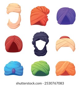 Arabic turban set. Oriental traditional cloth elements, indian arabian culture dressing. Ethnic hats, india style headdress nowaday vector clipart