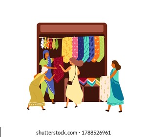 Arabic, Turkish, Oriental, Eastern fabric street market, souk, bazaar. Women tourists, people in marketplace buying shawl, silk, textile, sari. Flat vector cartoon illustration isolated on white