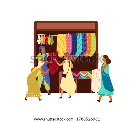 Arabic, Turkish, Oriental, Eastern fabric street market, souk, bazaar. Women tourists, people in marketplace buying shawl, silk, textile, sari. Flat vector cartoon illustration isolated on white