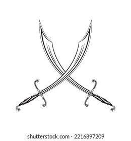 Arabic or Turkish two sabres of medieval warriors in monochrome crossed like a vdueli in a vector on a white isolated background
