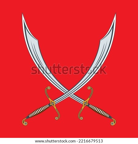Arabic or Turkish two swords of medieval warriors in color crossed as in a duel in a vector on a red isolated background