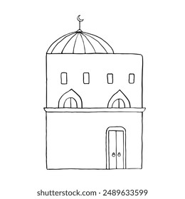 Casa árabe de dos pisos con puerta, ventana y Ilustración vectorial de línea de cúpula. Edificio sencillo de dos pisos en blanco y negro de Oriente Medio en Jordania, Egipto, Emiratos Árabes Unidos, Arabia Saudí o Marruecos