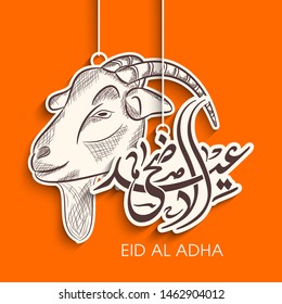 Arabic typographic or Calligraphic text of Eid Al Adha with goat face sketch for the celebration of Eid festival.