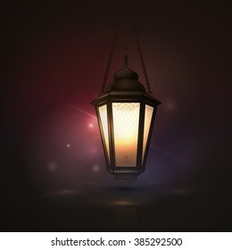 Arabic vector Lamp on dark abstract background for Ramadan Kareem. Hanging illuminated lamp with text,  light, blur and bokeh