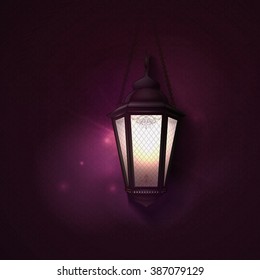Arabic vector Lamp on dark abstract background for Ramadan Kareem. Hanging illuminated lamp,  with light, blur and bokeh. Pink of cover with light and reflection