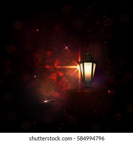 Arabic vector Lamp on dark abstract background for Ramadan Kareem. Hanging illuminated lamp with light, blur and bokeh. Red and orange of cover with light and reflection