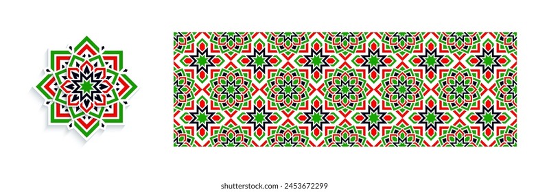 Arabic vector mandala flowers and backgrounds set. Traditional KSA, Kuwait, Oman, UAE, Kuwait flag colors. Islamic decor elements and template prints for national design. Ornament in eastern style