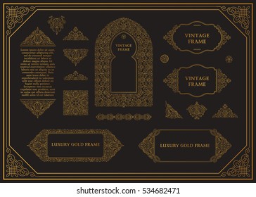 Arabic vector set of frames. Crest lines art design template. Muslim gold outline elements and emblems. Eastern floral frame. Logos line pattern for menu, postcard, restaurant, wedding invitation