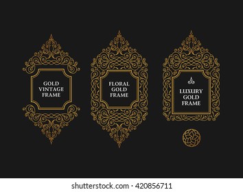 Arabic vector set of frames and lines of art design template. Muslim gold outline elements and emblems. Eastern floral frame. Logos line pattern for menu, postcard, restaurant, wedding invitation