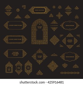 Arabic vector set of frames and lines of art design template. Muslim gold outline elements and emblems. Eastern floral frame. Logos line pattern for menu, mosque, arch, restaurant, wedding invitation